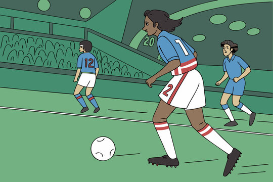 Exciting soccer match scene. blue team on the attack, passing and dribbling during a major league championship game.