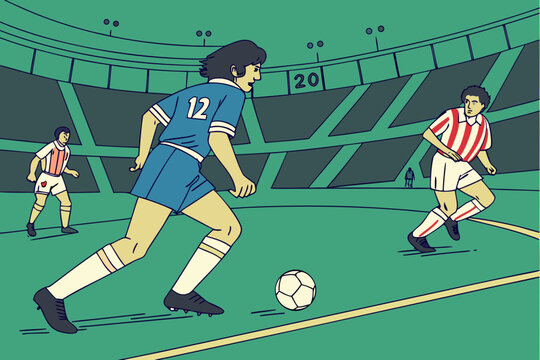 Exciting soccer match scene. blue team on the attack, passing and dribbling during a major league championship game.