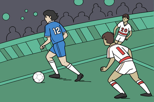 Exciting soccer match scene. blue team on the attack, passing and dribbling during a major league championship game.