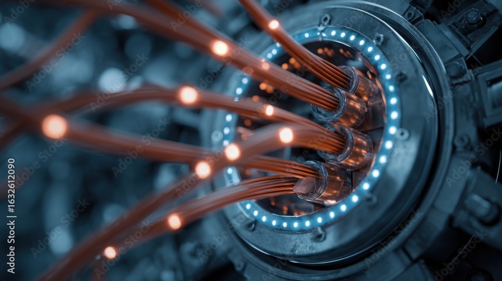 Aufkleber a closeup of an industrial network hub integrating postquantum security with fiber optic cables bran