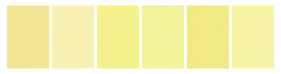 Set of yellow legal pad pages with lined or grid designs