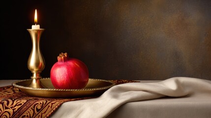 A beautifully arranged still life featuring a pomegranate and candle on an ornate tray, set against a rich backdrop