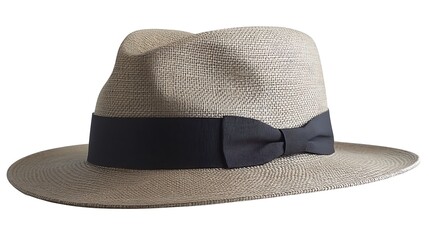Light beige straw fedora with black ribbon.