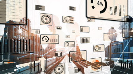 This image showcases a layered digital data visualization with various graphs and charts set...