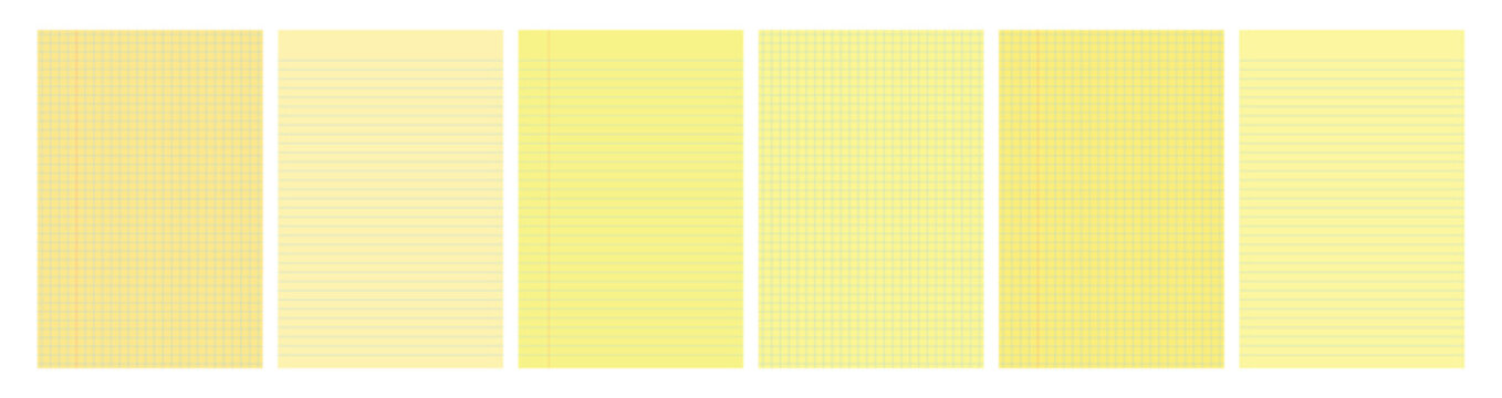 Set of yellow legal pad pages with lined or grid designs