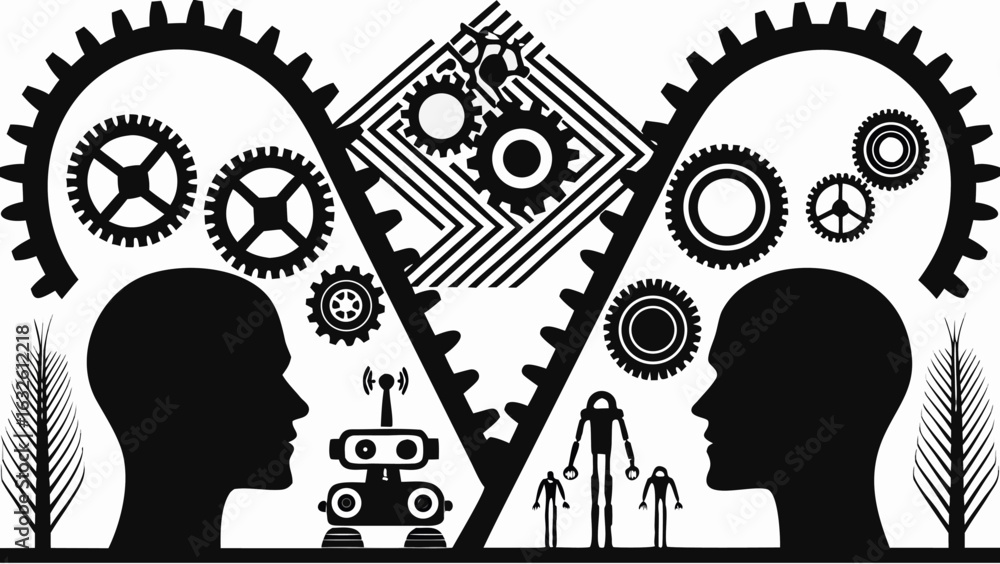 Aufkleber silhouette heads facing each other with gears and robots representing the connection between humans 