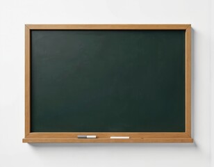 Dark green chalkboard with wooden frame on light brown wall. Chalkboard mounted with rectangular shape, curved top edge. Two erasable chalk markers placed on right side. Suitable for classroom,