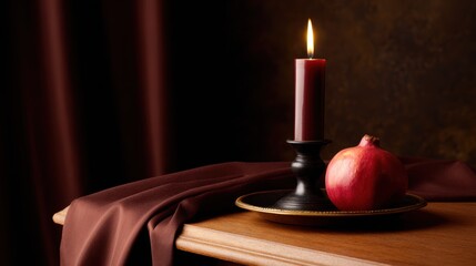 A serene still life featuring a lit candle beside a pomegranate on a dark wooden table with elegant drapery