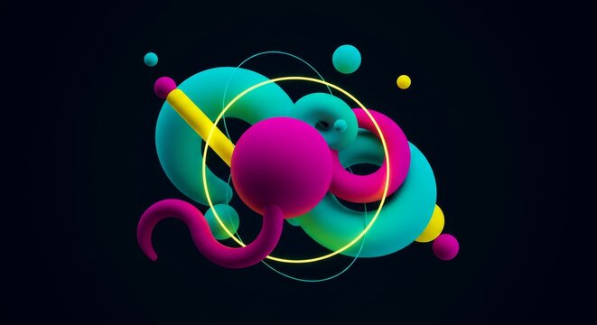 Vibrant 3D Composition with Spheres, Toroids, and a Luminous Circle