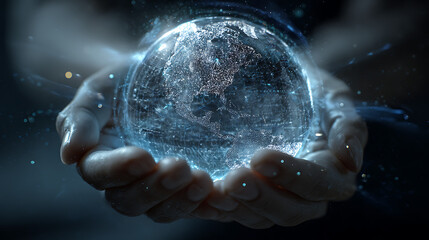 Hands cradling glowing digital earth with blue light streams holding globe