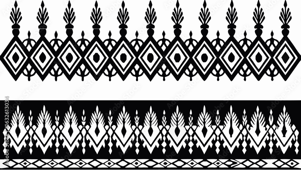 Poster decorative black and white border with geometric and floral elements in a repeating pattern design s