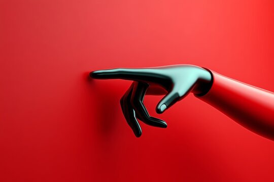 A close-up of a black and red stylized hand reaching out against a vibrant red backdrop.