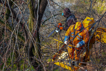 Municipal service workers stand with a chainsaw in crane basket and trim dangerous trees