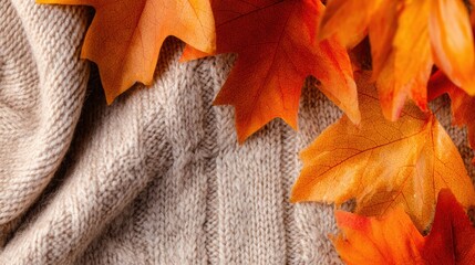 Cozy autumn scene featuring a knitted sweater with vibrant orange maple leaves scattered around