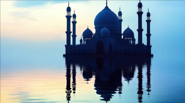 Beautiful sunset at the Fatehpur Sikri mosque complex in Agra, Uttar Pradesh, India. The tranquil water and clear sky reflect the architectural grandeur of this historic landmark.