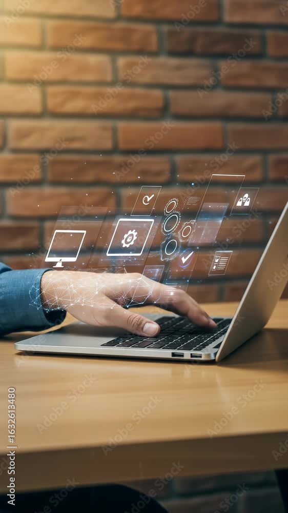 Poster digital workflow automation for business, where a man in his thirties orchestrates tasks seamlessly 