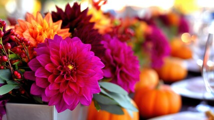 Vibrant autumn floral arrangement with pumpkins on a festive table setting in a sunny outdoor environment