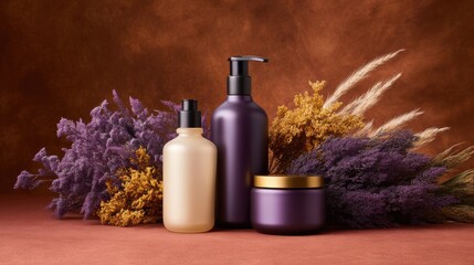 Elegant arrangement of cosmetic containers amidst vibrant dried flowers on a textured backdrop