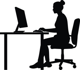 Office desk silhouette, seated person at computer, ergonomic work pose icon, home workspace vector, tech lifestyle black artwork