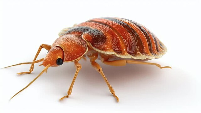 Detailed 3D Macro View of a Realistic Orange and Brown Striped Bed Bug on White Background