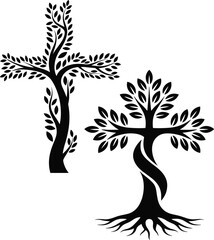 A black and white religious symbol combining a Christian cross with a tree design