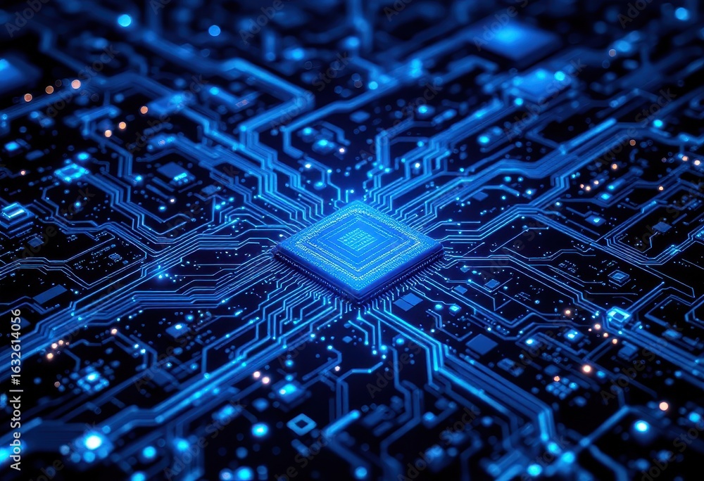 Aufkleber detailed close-up view of a circuit board with a central microprocessor chip.