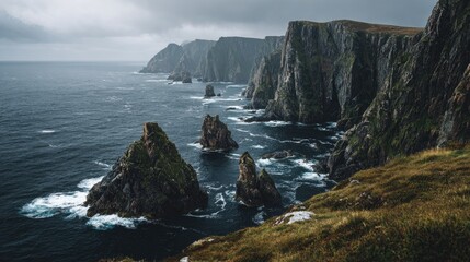 Obraz premium Dramatic coastal cliffs meet stormy sea