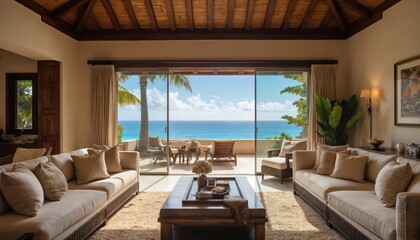 Serene living room with light, dark tones blend. Large beige sofa, sleek black coffee table with candles tray. Light gray walls, beige tiles floor add warmth to room. Balcony with large window frames