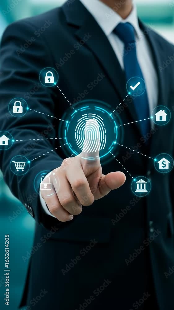 Poster biometric security activation: man in suit initiates fingerprint scan for secure data access, home a