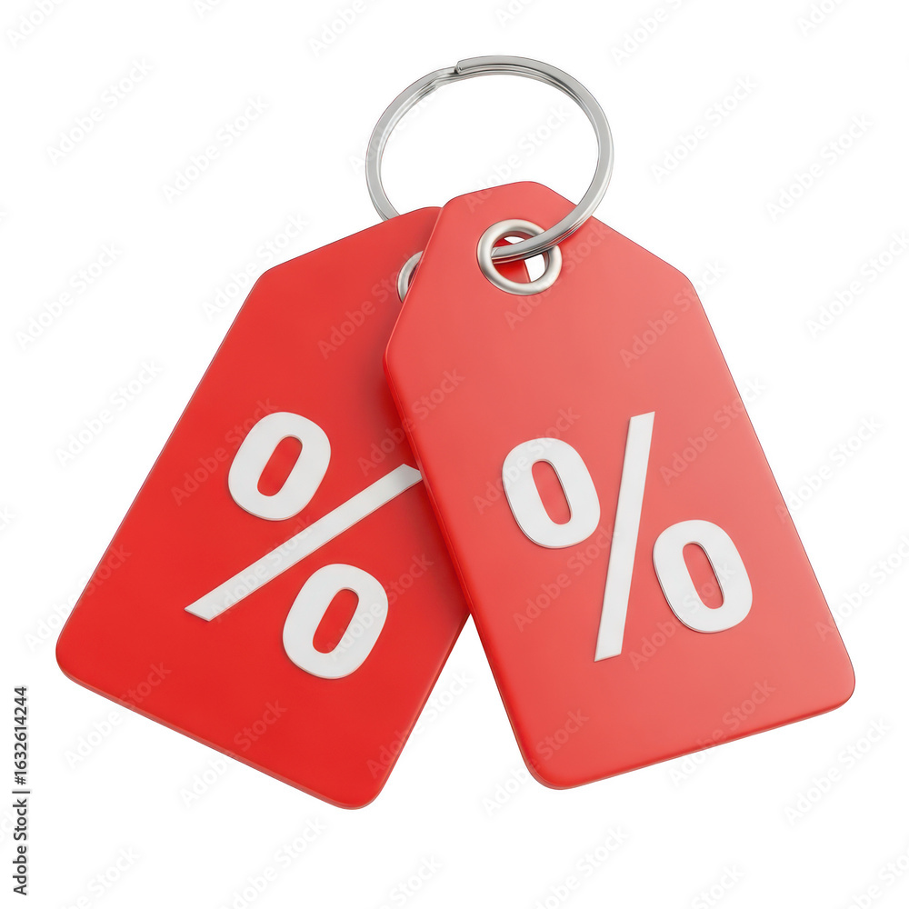 Poster 3d red price tags with percentage symbols isolated on transparent background