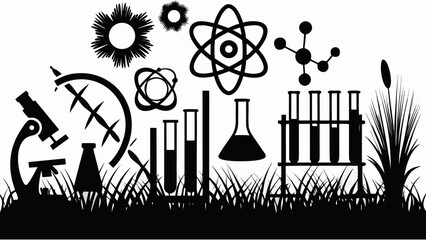 Silhouette illustration of science equipment and nature elements in black and white design style