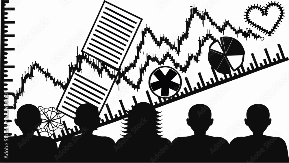 Poster silhouetted audience viewing a presentation with charts graphs and abstract symbols in black and whi
