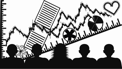 Silhouetted audience viewing a presentation with charts graphs and abstract symbols in black and white art