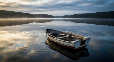 A solitary rowboat on a tranquil lake at dawn with misty forest and sky reflections