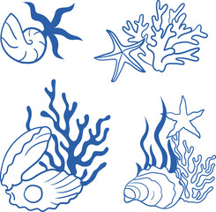 Vector hand-drawn graphic line art underwater compositions with sea animals, shells, coral, seaweed, oyster, mollusk, pearl and starfish in Mediterranean style. All the elements are isolated