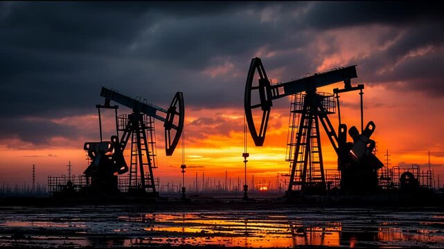 Oil pump jacks silhouette at sunset in industrial oil field