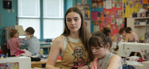 Woman, young girl sew clothes together. They use sewing machines in colorful workspace. Girl wears pink dress with cat design. Woman focuses on pattern, holds needle. Girl watches, also holds needle.