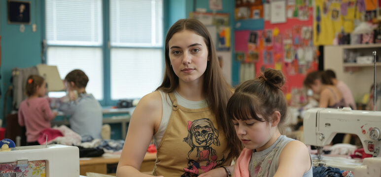 Woman, young girl sew clothes together. They use sewing machines in colorful workspace. Girl wears pink dress with cat design. Woman focuses on pattern, holds needle. Girl watches, also holds needle.