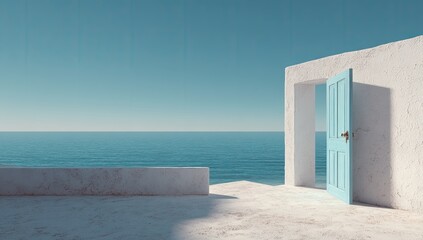 Coastal patio with a light blue door