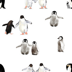 Seamless pattern of penguin love ice Penguin Family in Antarctica Snowscape two penguins hand drawn illustration
