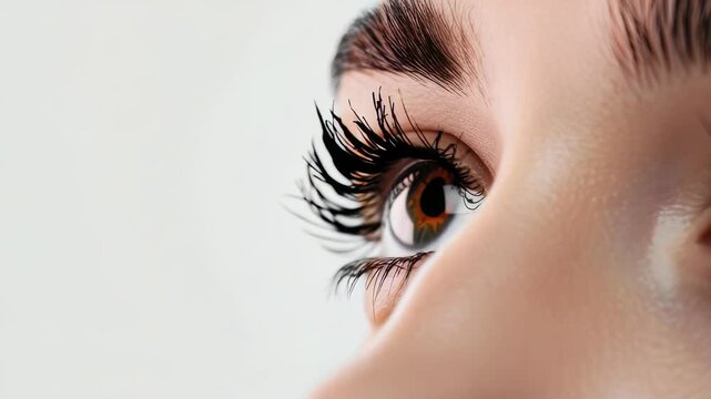 Captivating close-up focuses on dramatic eye with dark, pronounced lashes. soft, even skin tone, subtle lighting suggest makeup or cosmetic enhancement. overall evokes beauty, glamour.