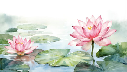 Pink lotus flowers float on calm water surrounded by green leaves. Tranquil scene features water lily, lotus blooms, soft green background. Serene water setting with lush foliage, soothing colors.