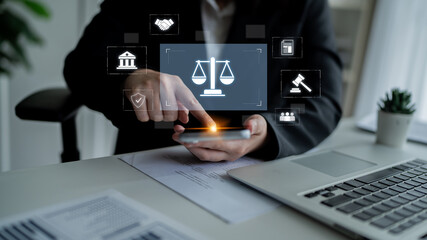 Legal compliance and governance concept showing justice scale, courthouse, contract, policy,...