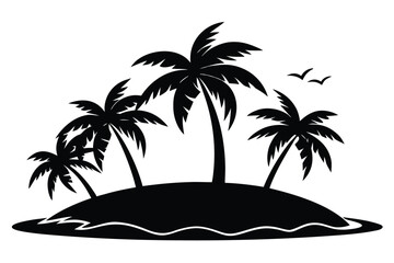 Tropical Paradise Island with Palm Trees and Birds Silhouette on White