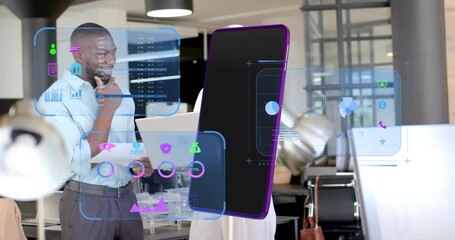 Team tapping tablet, scrolling laptop showing rotating AR smartphone analyzing performance metrics - Powered by Adobe