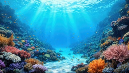Vibrant underwater scene with coral reef, colorful tropical fish. Blue ocean teeming with marine life. Colorful fish swim in ocean, near coral, sea anemones. Ocean floor features coral, rock, plant