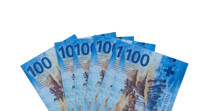 100 Franken Bargeld Geldscheine Schweiz. Freigestellte isolierte Schweizer CHF Geld Geldscheine, Isolierte Banknoten