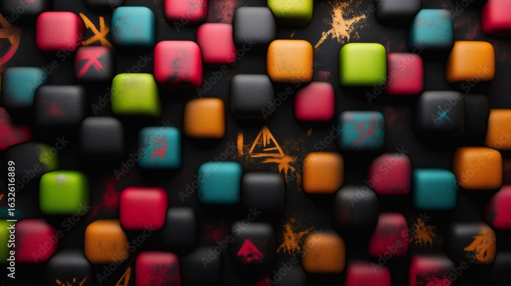 Poster colorful rounded cubes forming intricate pattern with symbols