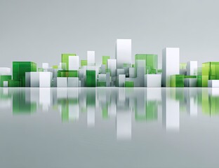 Green & white city skyline reflection, futuristic design, urban landscape, growth concept