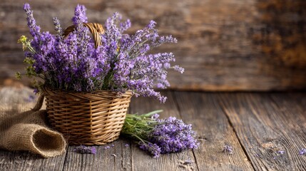 Fototapeta premium Lavender bouquet in a rustic basket on wooden planks